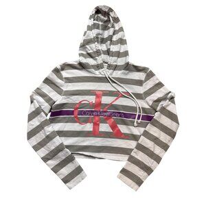 Calvin Klein Medium Womens Hoodie Striped Cropped Gray & White Cotton Blend Made